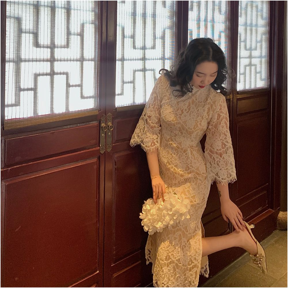 Lujin Homemade Furong Makeup Spring and Autumn Improved Edition Retro Republic of China Elegant Lace Style Cheongsam Girl image 2