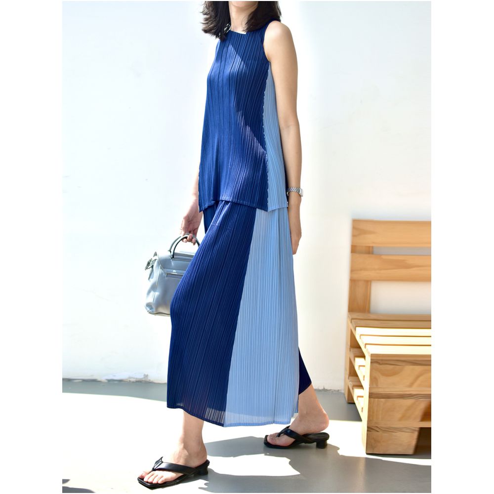 Whitecube2024 Summer Style Color blocked Beautiful Texture Sleeveless Temperament Reduced Age Light Luxury Wrinkle Two Piece Set for Women image 3