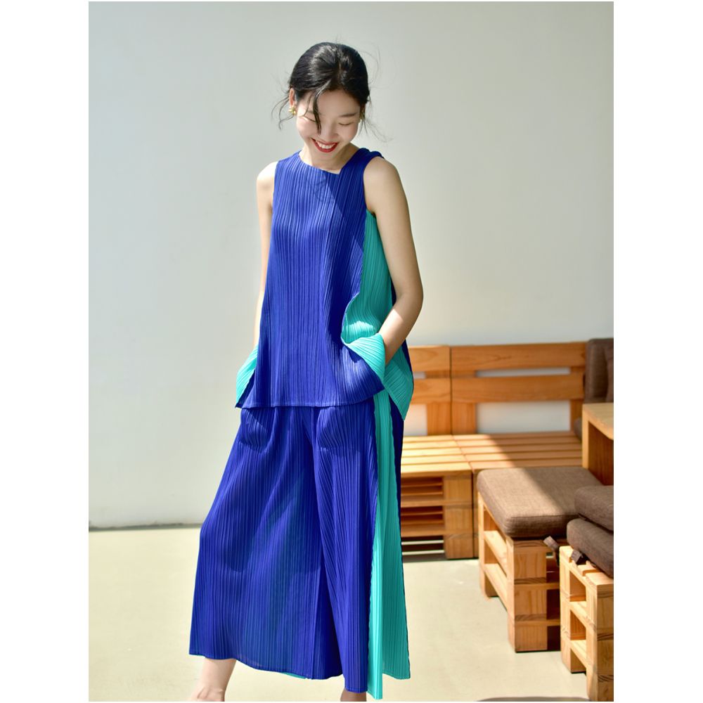 Whitecube2024 Summer Style Color blocked Beautiful Texture Sleeveless Temperament Reduced Age Light Luxury Wrinkle Two Piece Set for Women image 4