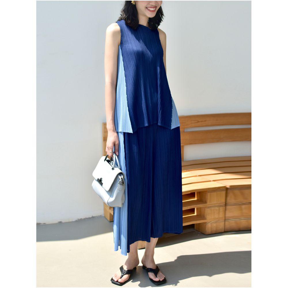 Whitecube2024 Summer Style Color blocked Beautiful Texture Sleeveless Temperament Reduced Age Light Luxury Wrinkle Two Piece Set for Women image 5
