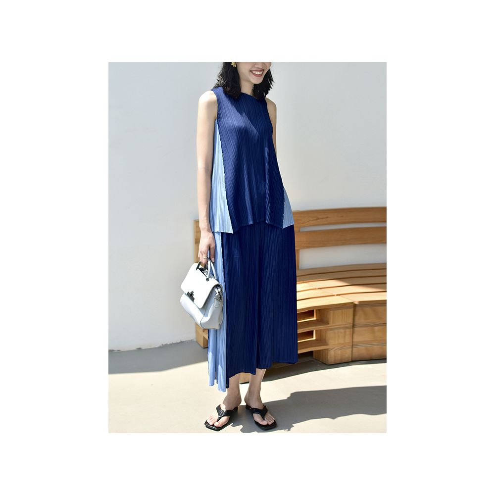 Whitecube2024 Summer Style Color blocked Beautiful Texture Sleeveless Temperament Reduced Age Light Luxury Wrinkle Two Piece Set for Women image 6