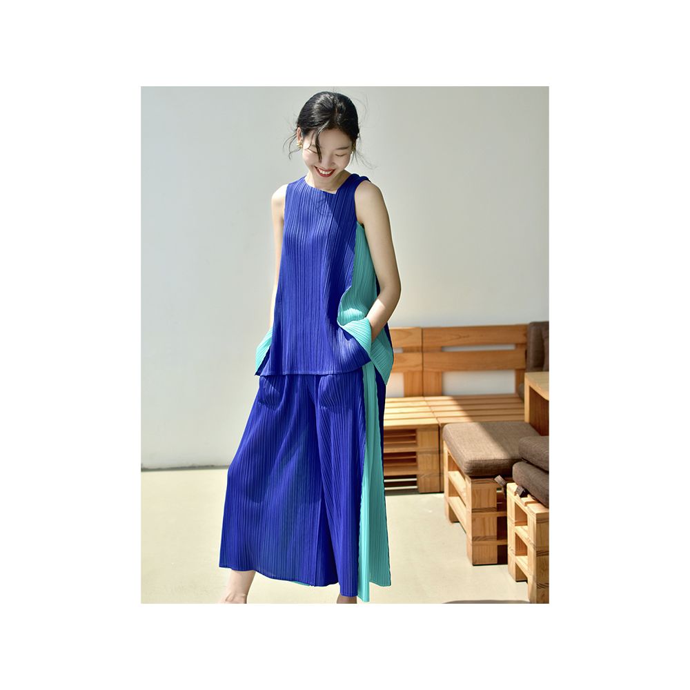 Whitecube2024 Summer Style Color blocked Beautiful Texture Sleeveless Temperament Reduced Age Light Luxury Wrinkle Two Piece Set for Women image 8