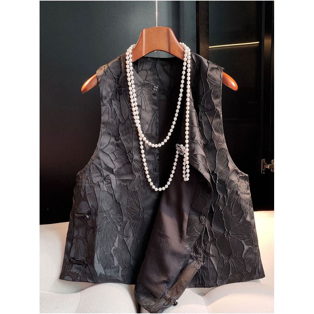 Black high end relief jacquard vest vest vest vest women s autumn outfit new and improved Chinese style round neck and Chinese style camisole top image 2