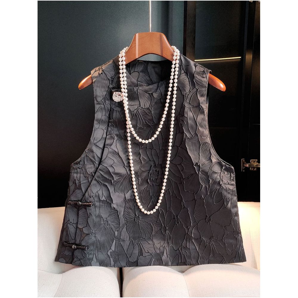 Black high end relief jacquard vest vest vest vest women s autumn outfit new and improved Chinese style round neck and Chinese style camisole top image 0