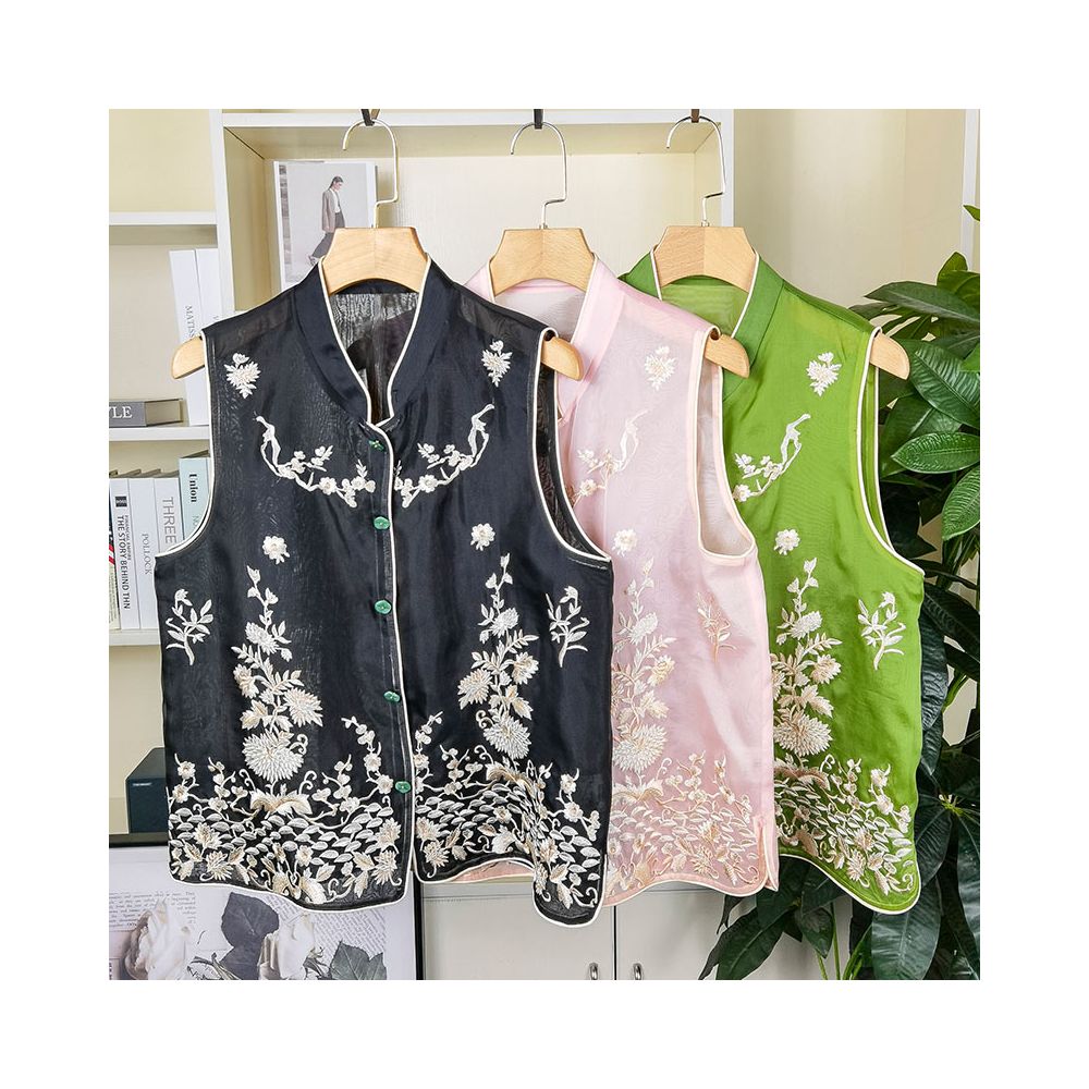 Original cabinet with super American style Chinese heavy industry embroidery real silk organza vest women s mulberry silk jacket image 2