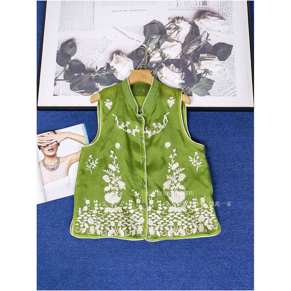 Original cabinet with super American style Chinese heavy industry embroidery real silk organza vest women s mulberry silk jacket image 3