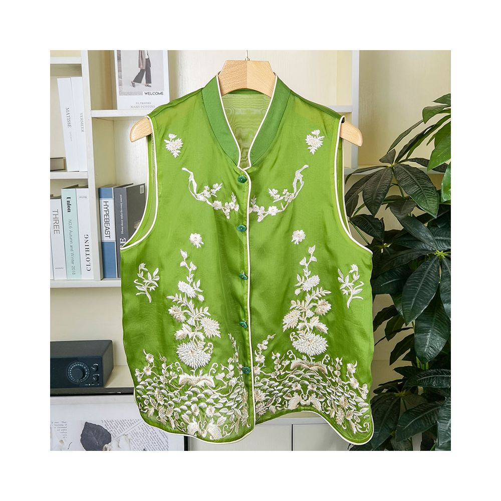 Original cabinet with super American style Chinese heavy industry embroidery real silk organza vest women s mulberry silk jacket image 0