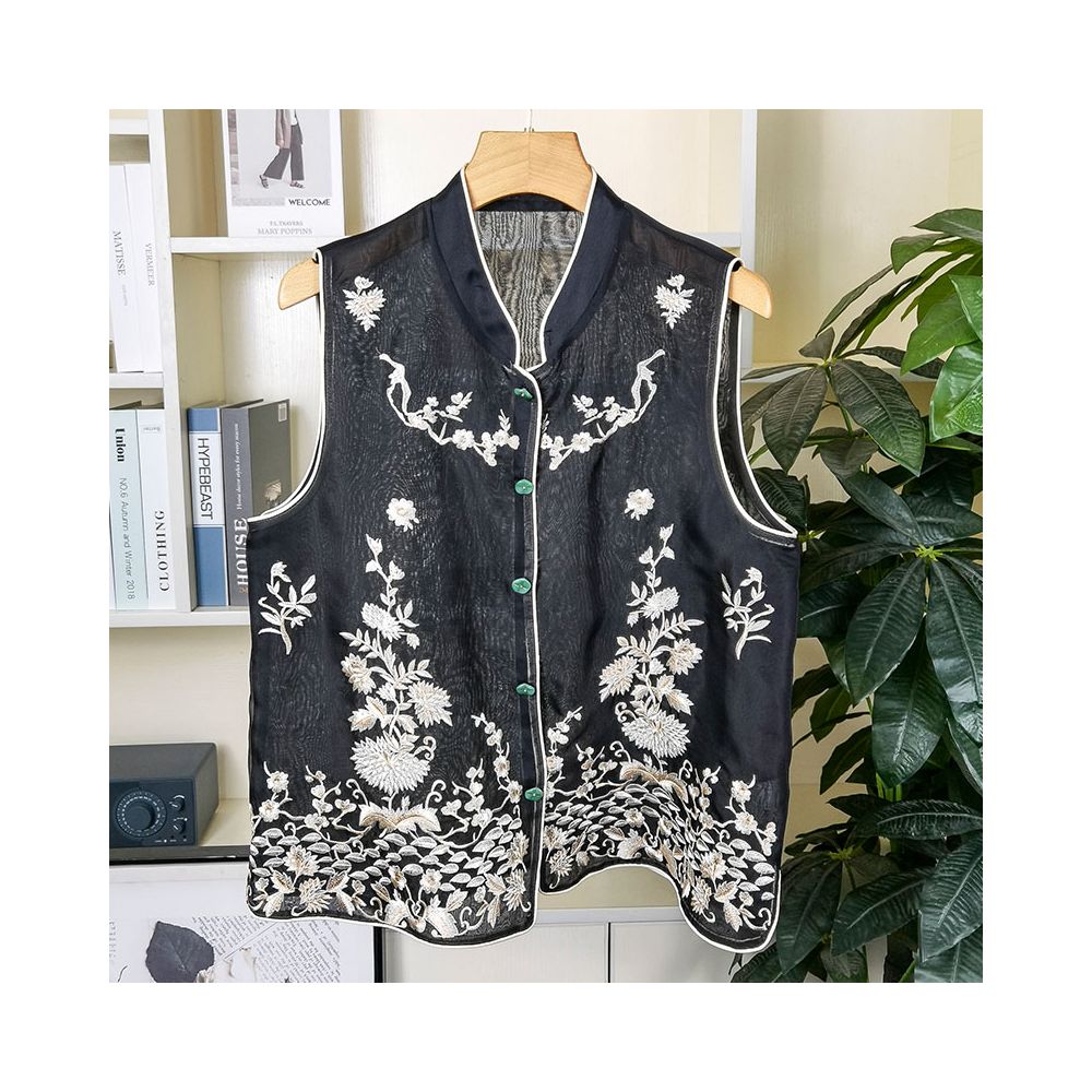 Original cabinet with super American style Chinese heavy industry embroidery real silk organza vest women s mulberry silk jacket image 12