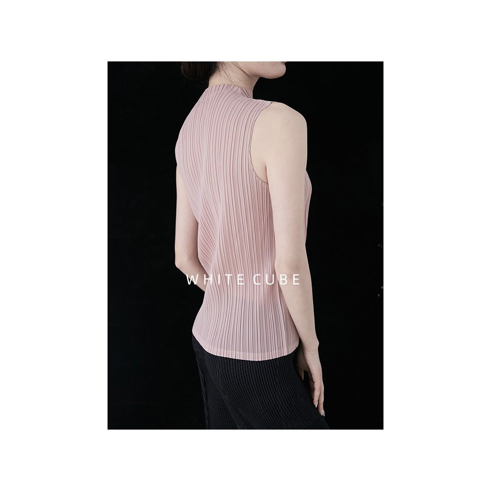 Whitecube2025 semi high neck slim fit sleeveless pleated top for women loose and simple white commuter vest image 9