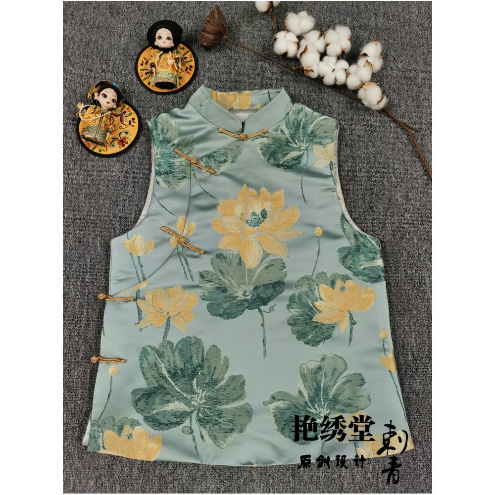 Spring 2022 China Chic original design brocade lotus jacquard retro slant placket stand collar button up vest for women image 0