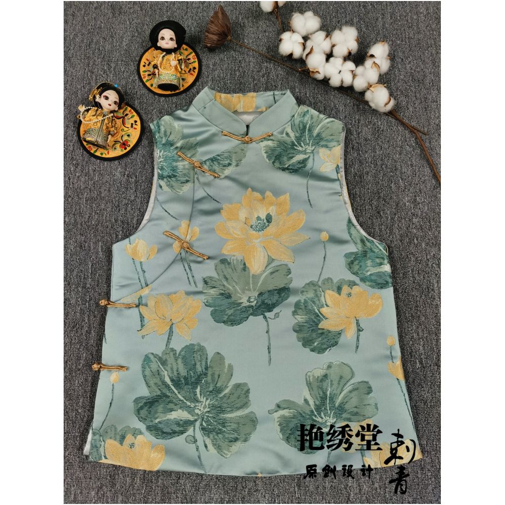 Spring 2022 China Chic original design brocade lotus jacquard retro slant placket stand collar button up vest for women image 7