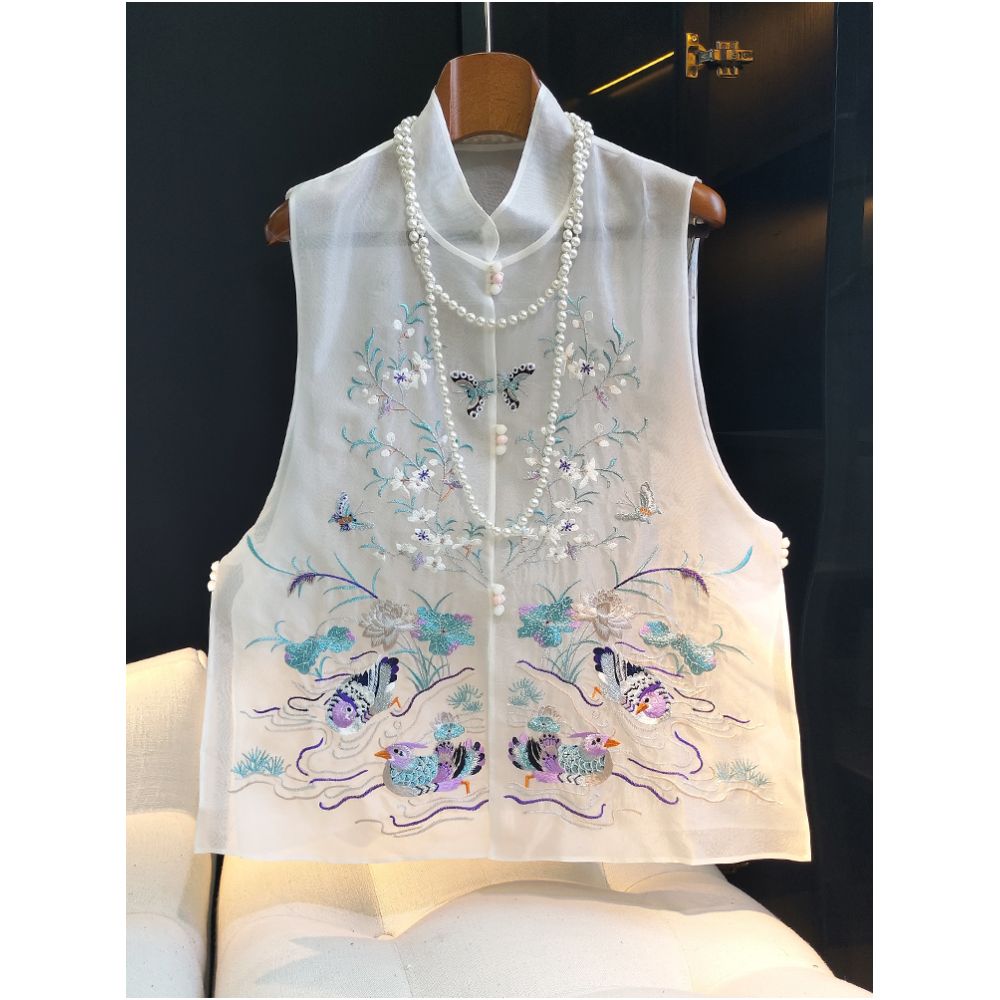 White real silk organza national style vest women s summer new retro button embroidered mulberry silk thin cardigan jacket image 0