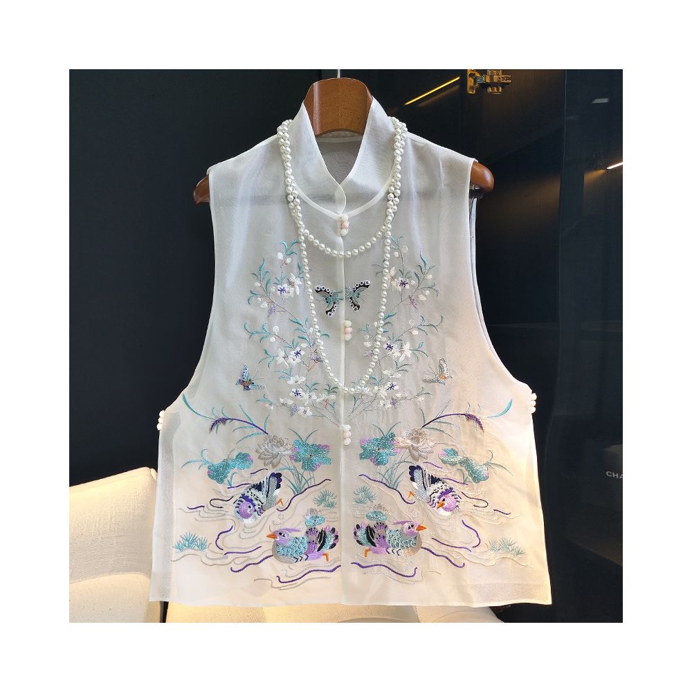 White real silk organza national style vest women s summer new retro button embroidered mulberry silk thin cardigan jacket image 13