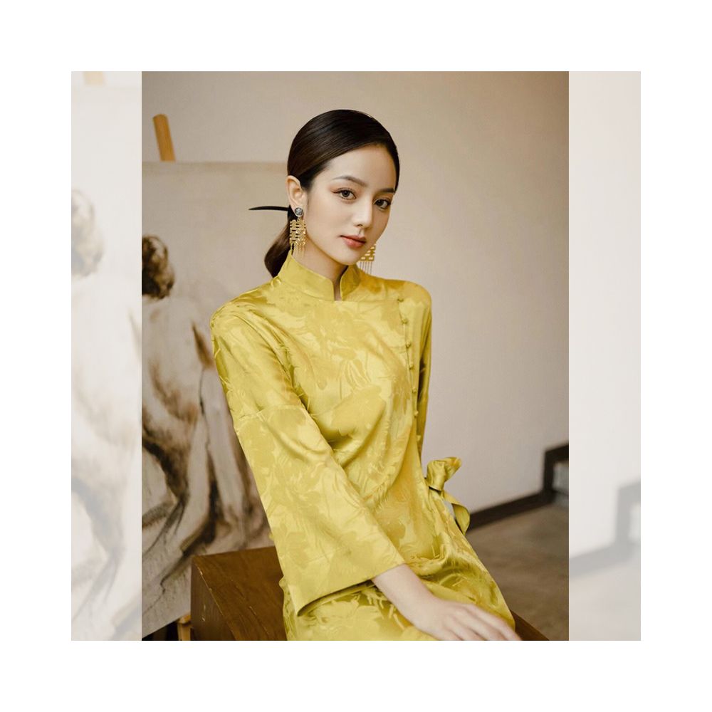 Golden Morning Robe Female Bride Improved Cheongsam Young Style New Chinese Style Yellow Dress Early Autumn Engagement Dress image 4