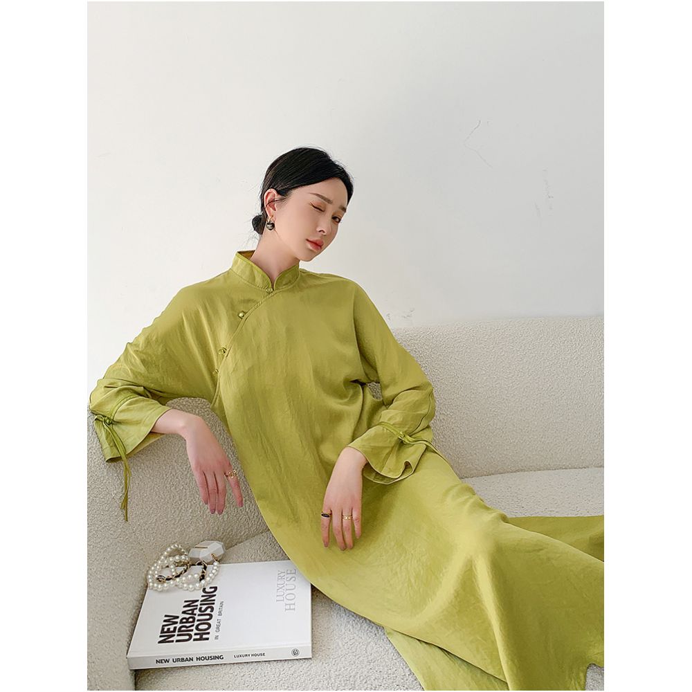 Green high end acetic acid cheongsam dress for women s daily summer new style retro buckle casual loose over the knee dress image 2