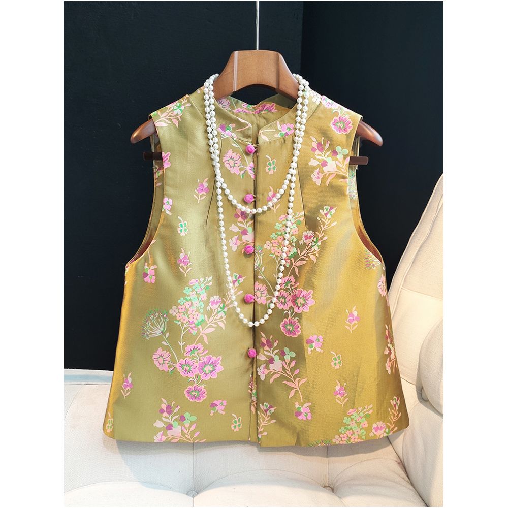 Improved Chinese style buckle vest design for women with a niche and fashionable Chinese style retro jacquard woven brocade Tang style vest and top image 1