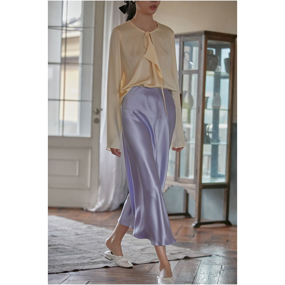 Commuse memory imported acetic acid satin silky smooth hanging slimming elastic waistband A line mid length skirt image 33
