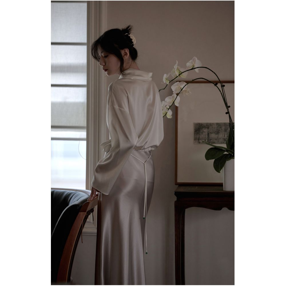 Asaya798 - Commuse memory imported acetic acid satin silky smooth hanging slimming elastic waistband A line mid length skirt