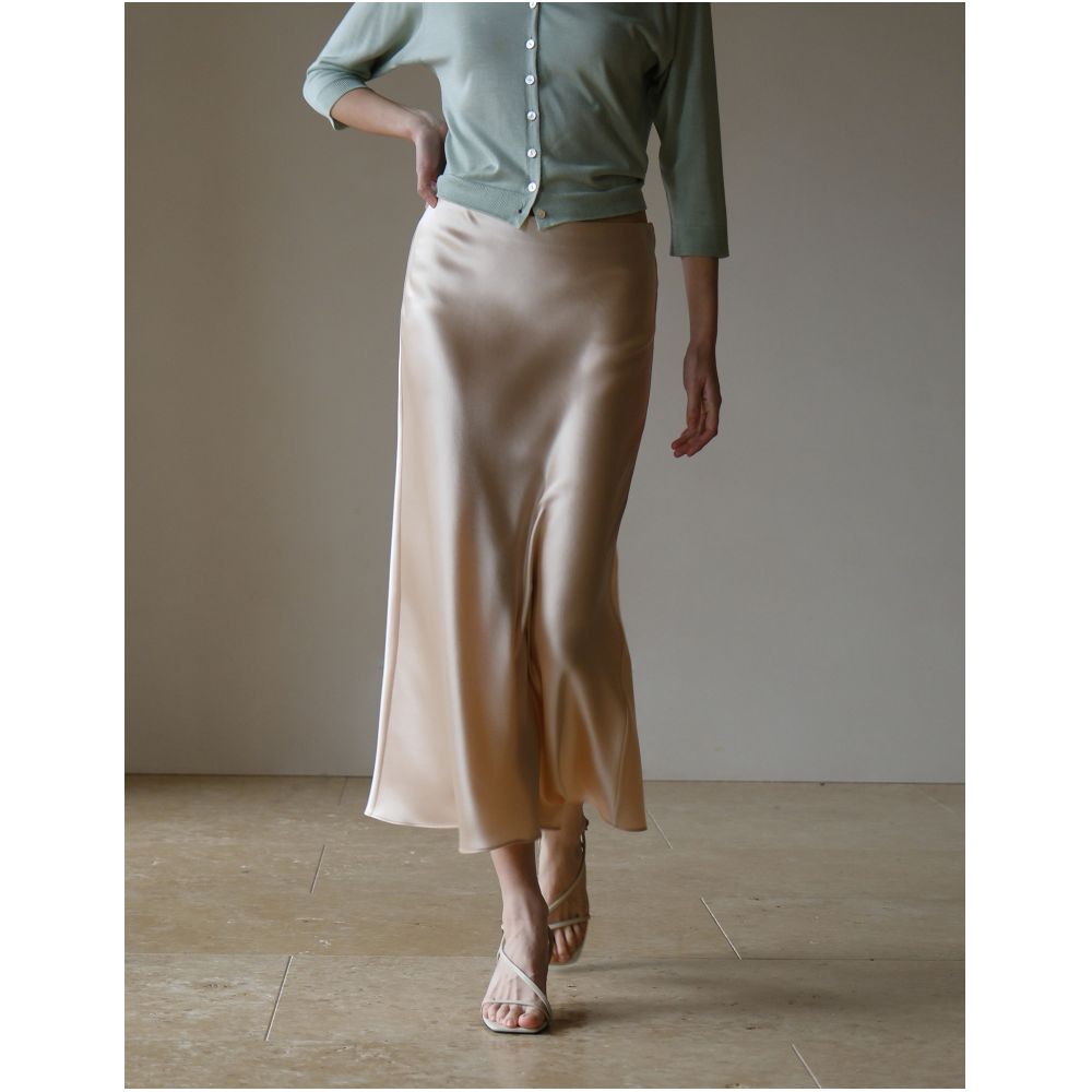 Commuse memory imported acetic acid satin silky smooth hanging slimming elastic waistband A line mid length skirt image 49