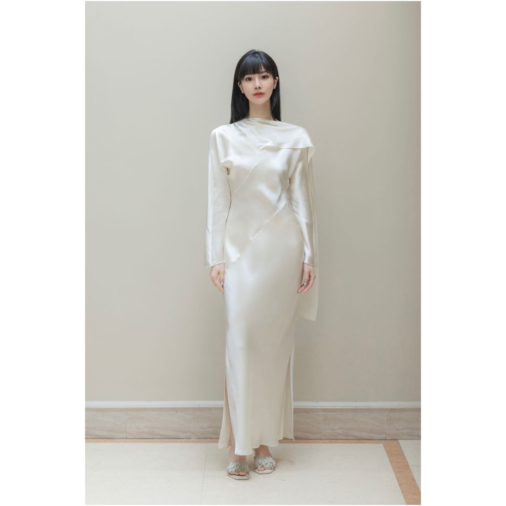 SAKINAWANG 22 Summer Silk Crepe Slant Cut Scarf Style Slim Fit Waist Long Sleeve Dress Solid Color image 2