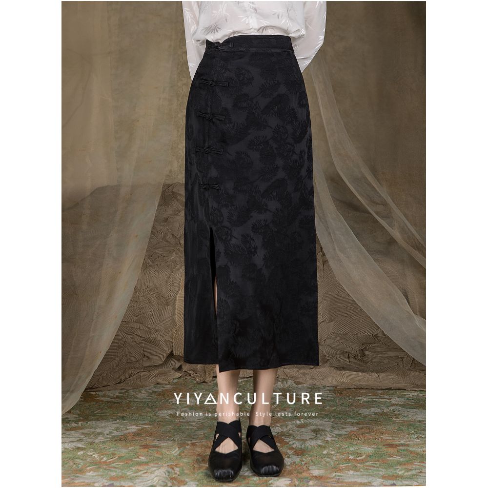 YY Yiyan New Chinese style Acetic Acid Satin Jacquard Half length Skirt with Chinese style Retro Buckle and Fork High Waist Design Children s Dress image 0