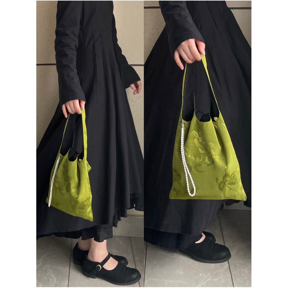 Appreciating Pearl Matcha Green Butterfly Jacquard Tank Top with New Chinese Retro Style Small Hand Carrying Cloth Bag image 4