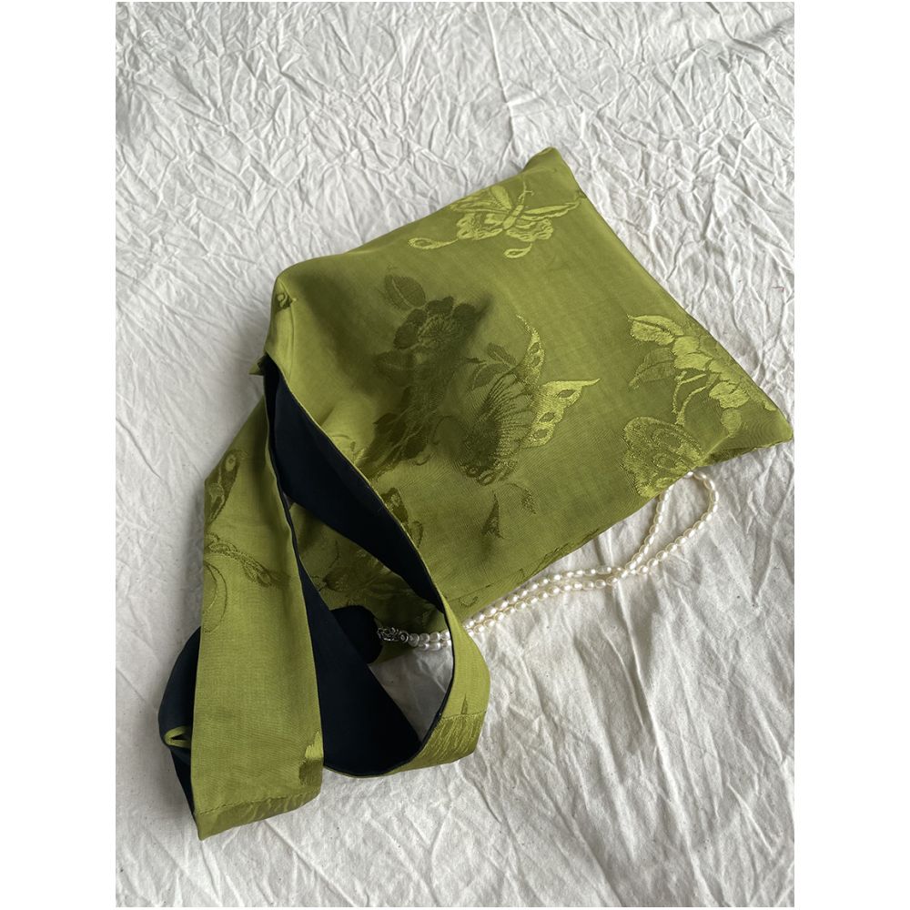 Appreciating Pearl Matcha Green Butterfly Jacquard Tank Top with New Chinese Retro Style Small Hand Carrying Cloth Bag image 5