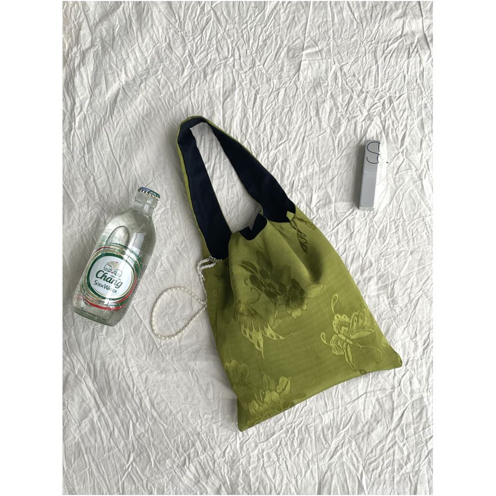 Appreciating Pearl Matcha Green Butterfly Jacquard Tank Top with New Chinese Retro Style Small Hand Carrying Cloth Bag image 0