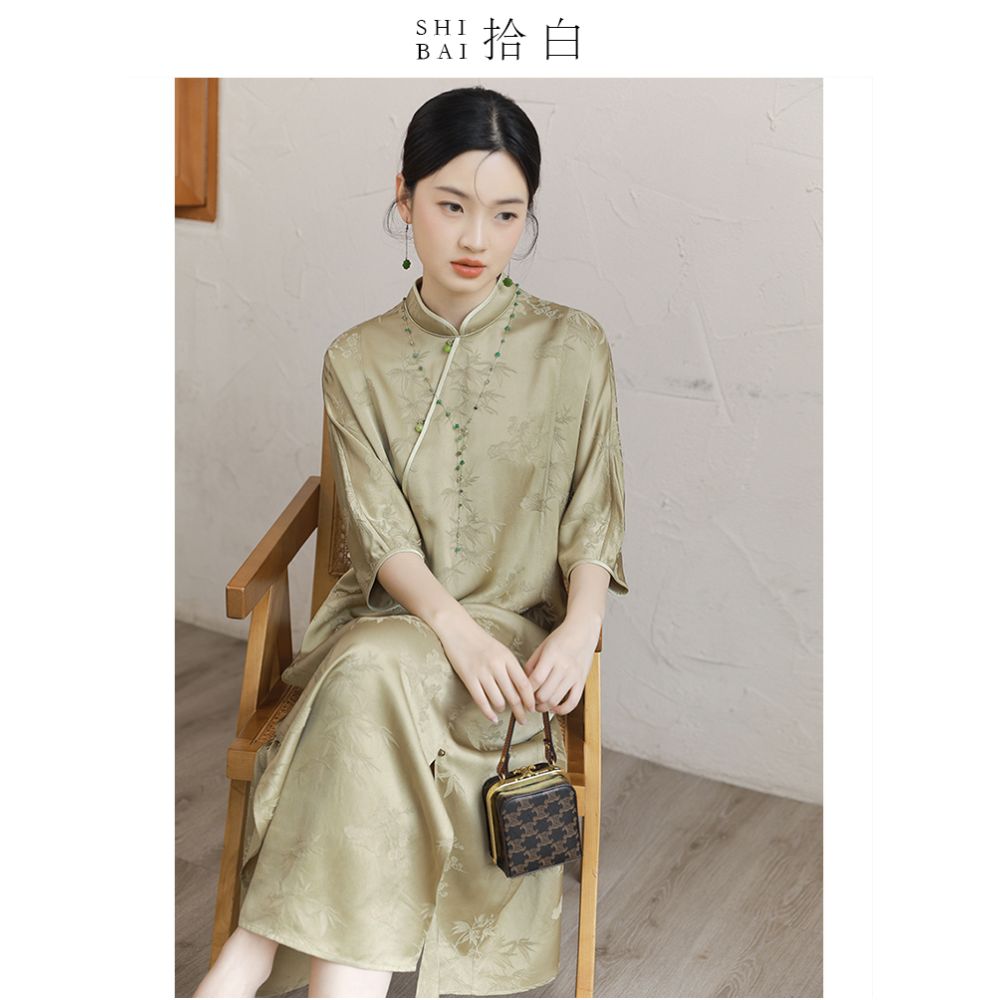 SHIBAI White New Chinese Original Summer Improvement Cheongsam Style Simple and Elegant Standing Collar Long Dress image 2