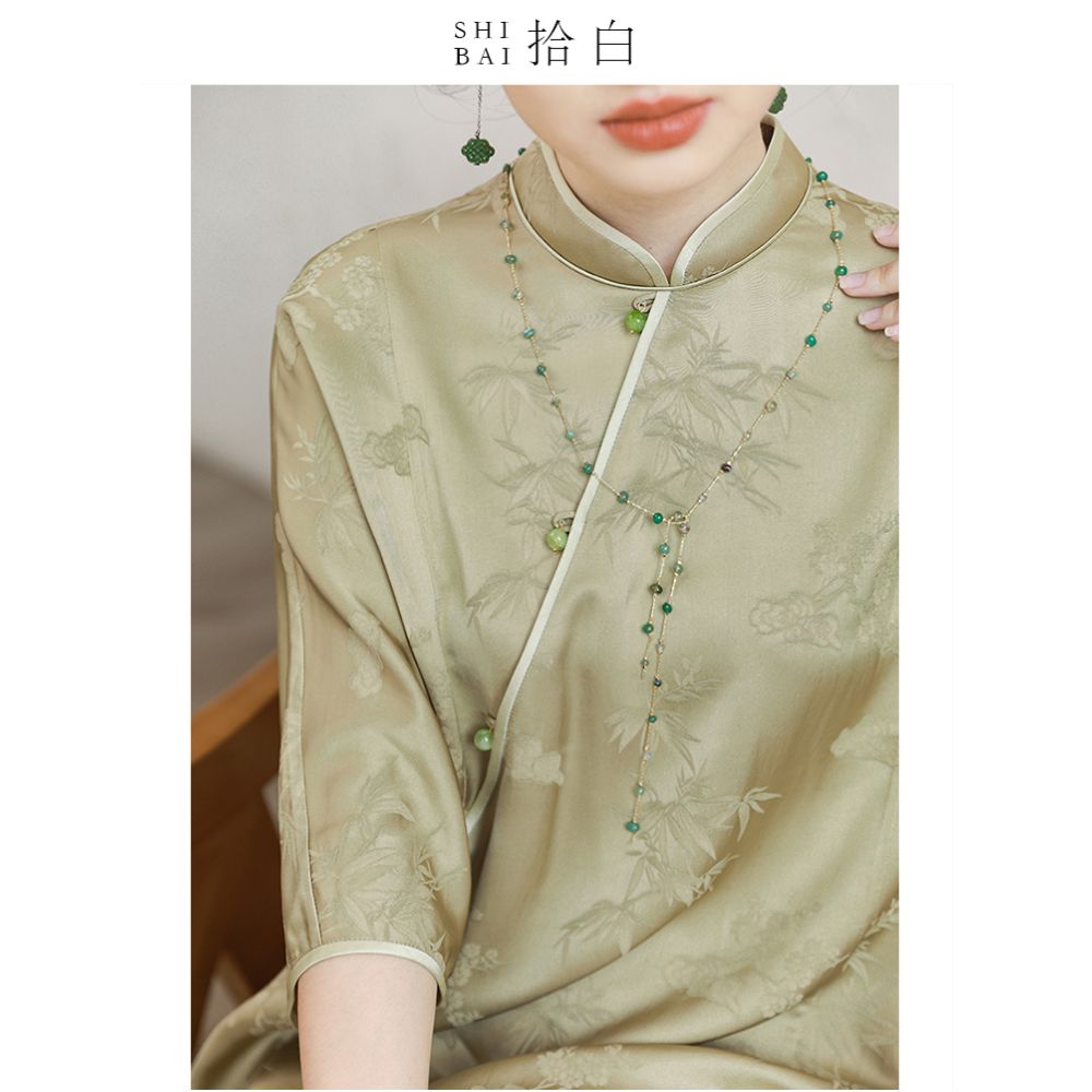 SHIBAI White New Chinese Original Summer Improvement Cheongsam Style Simple and Elegant Standing Collar Long Dress image 3