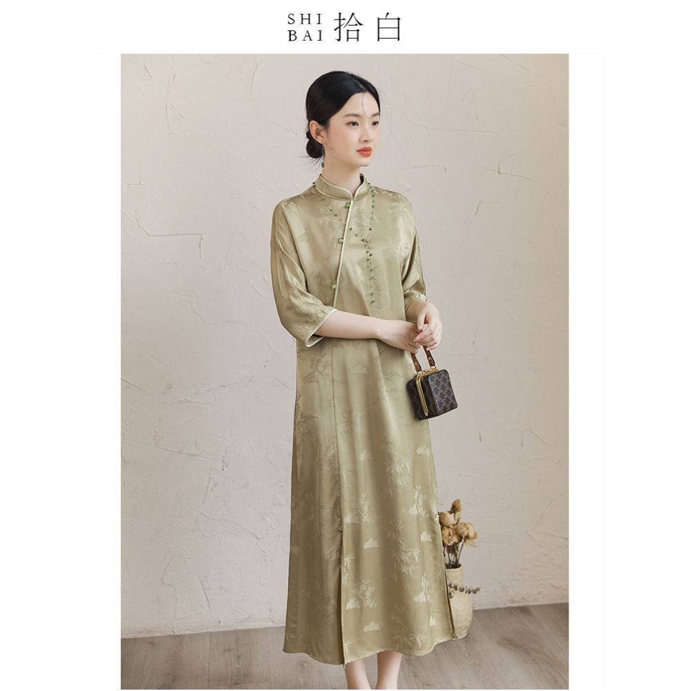 SHIBAI White New Chinese Original Summer Improvement Cheongsam Style Simple and Elegant Standing Collar Long Dress image 4
