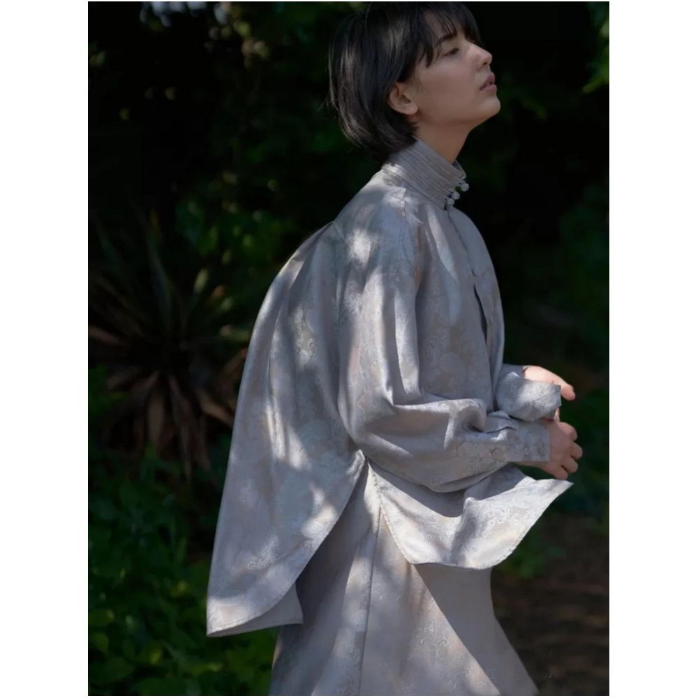 WINNI CELH Spring Summer New Chinese Stand up Collar Jacquard Buckle Loose Edition Shirt Strap Dress Set image 10