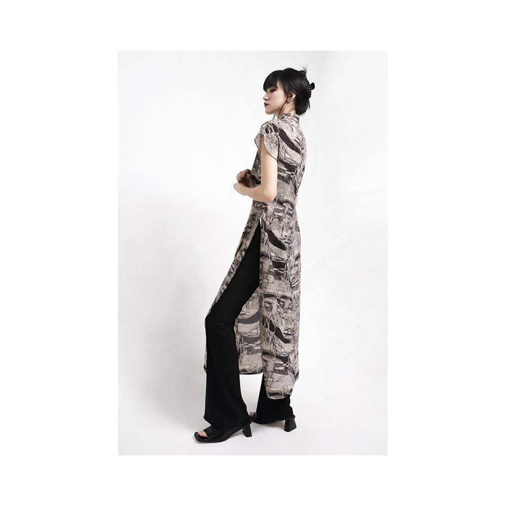 APOZi Ink Mark Series New Chinese style High slit Improved Cheongsam Dress Women s Abstract Printed Retro Long Dress image 4