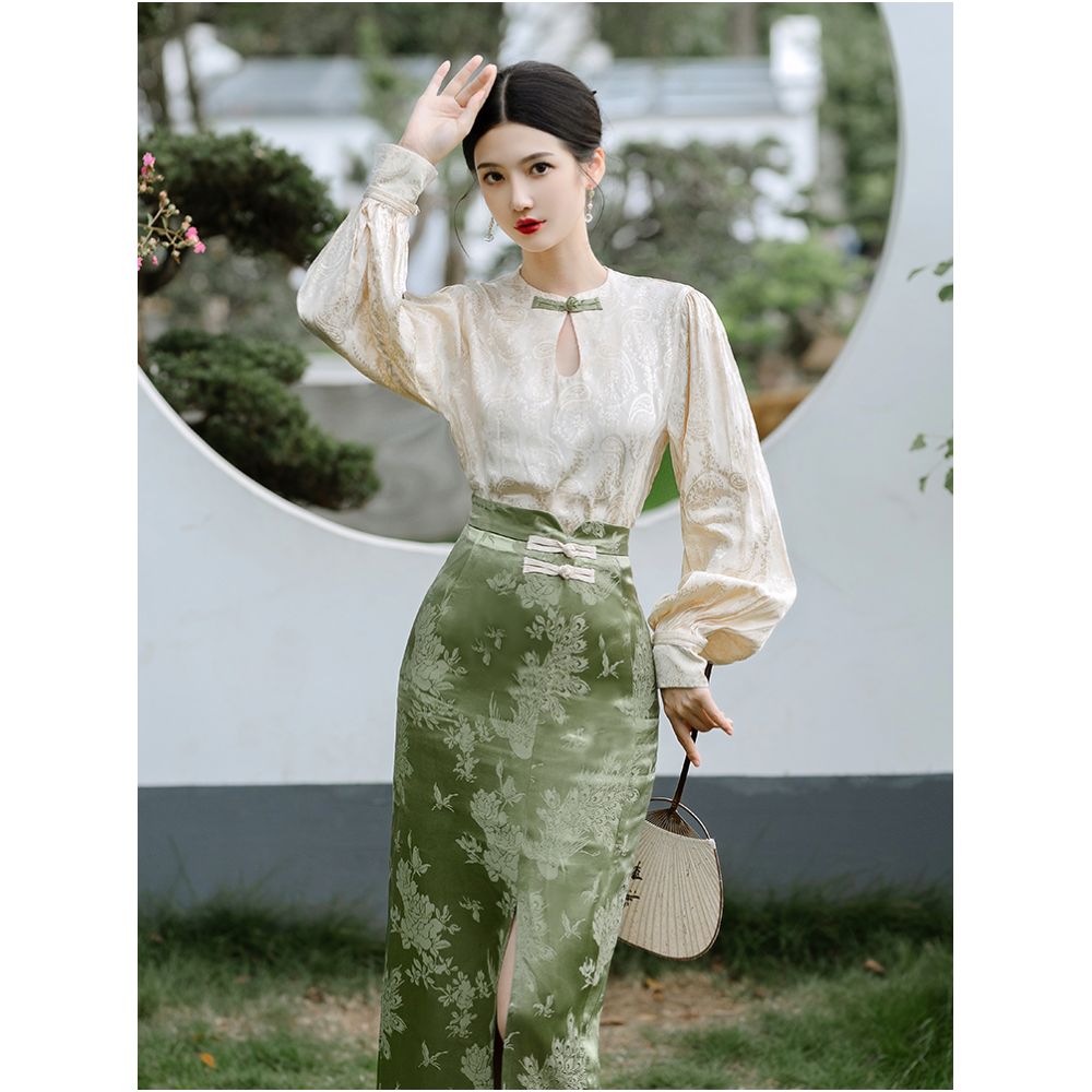 New Chinese style retro improved button down shirt cheongsam women s long sleeved jacquard top French skirt two piece set image 18