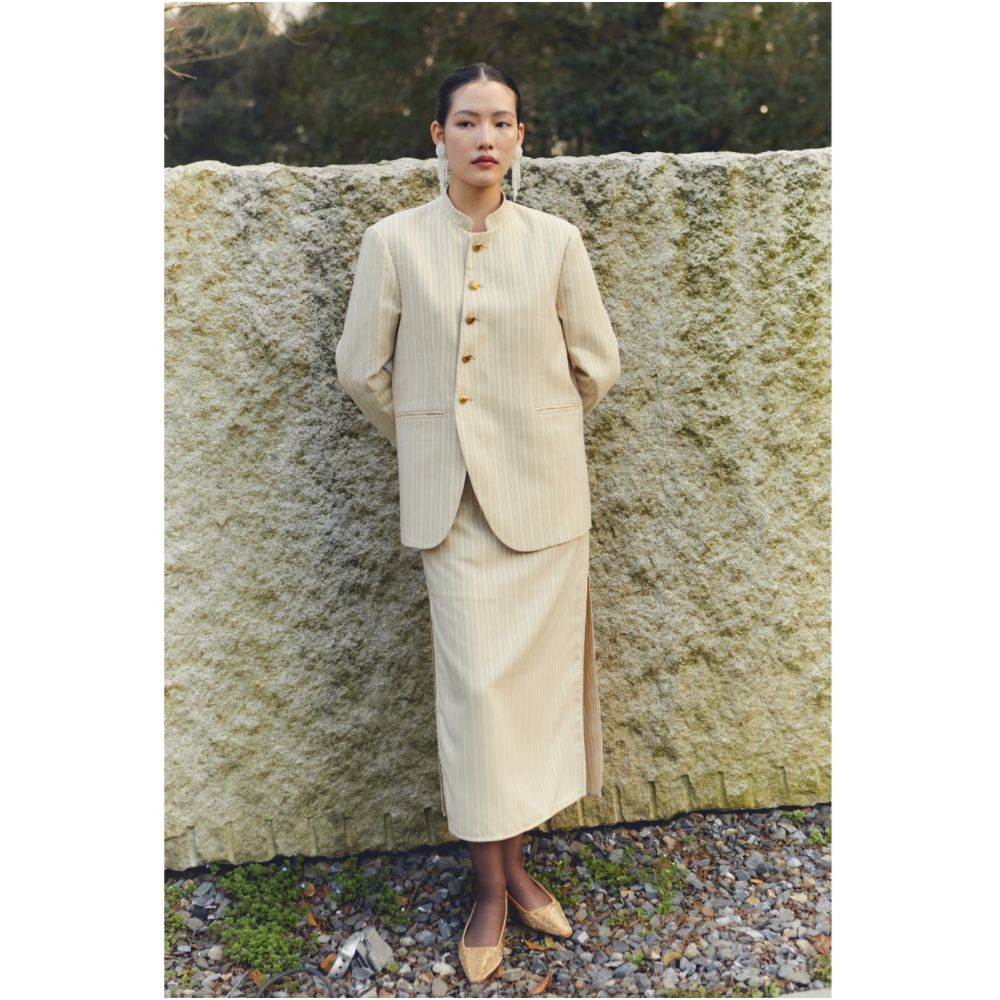 PaleBlueDot Original Design New Chinese Striped Stand up Collar Zhongshan Suit Half Skirt Set image 4