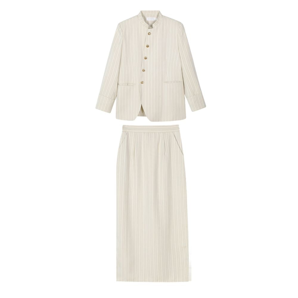 PaleBlueDot Original Design New Chinese Striped Stand up Collar Zhongshan Suit Half Skirt Set image 5