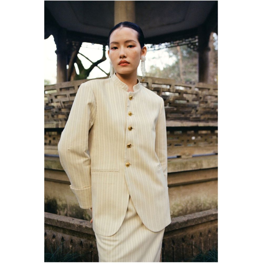 PaleBlueDot Original Design New Chinese Striped Stand up Collar Zhongshan Suit Half Skirt Set image 8