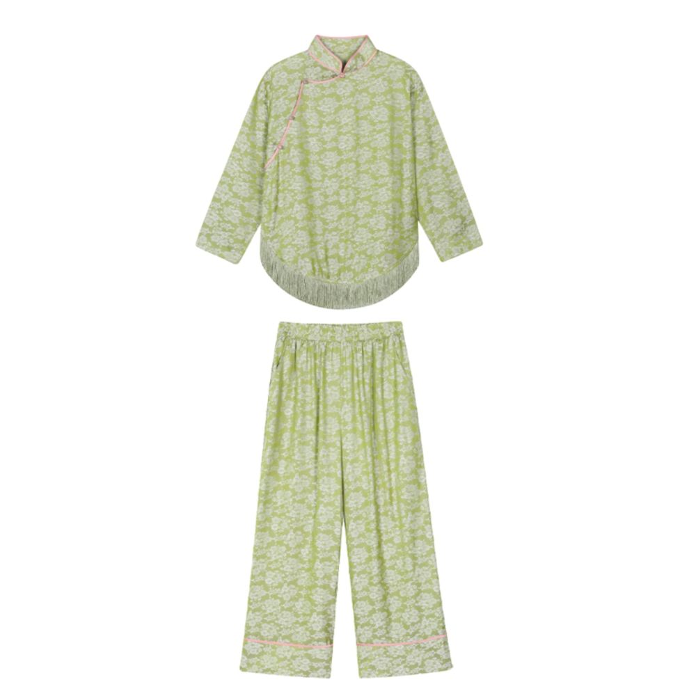 PaleBlueDot Original Design New Chinese Green Pink Jacquard Tassel Chinese Top and Pants Set image 5