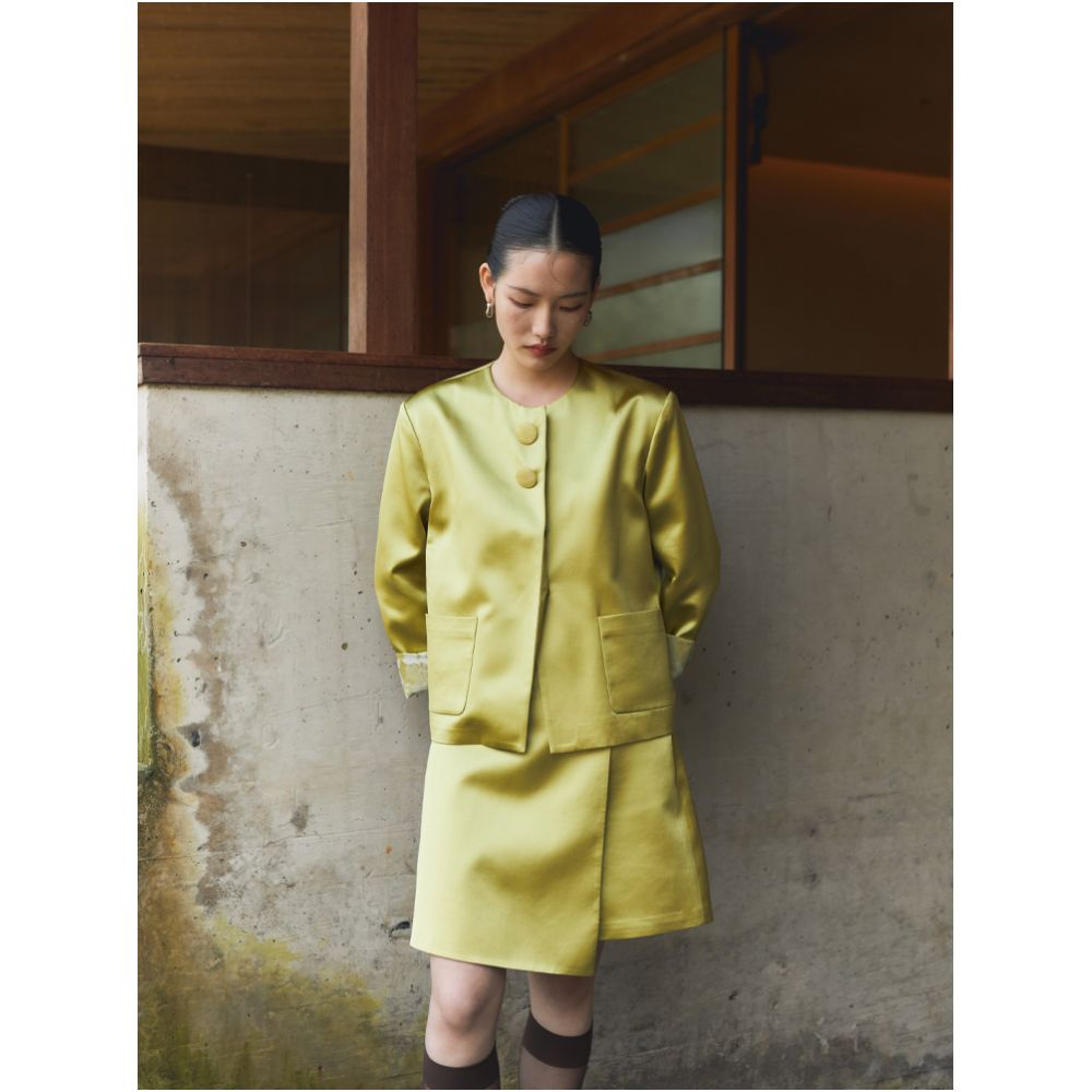 PaleBlueDot original design bright green glossy round neck suit jacket A line short skirt set autumn image 4