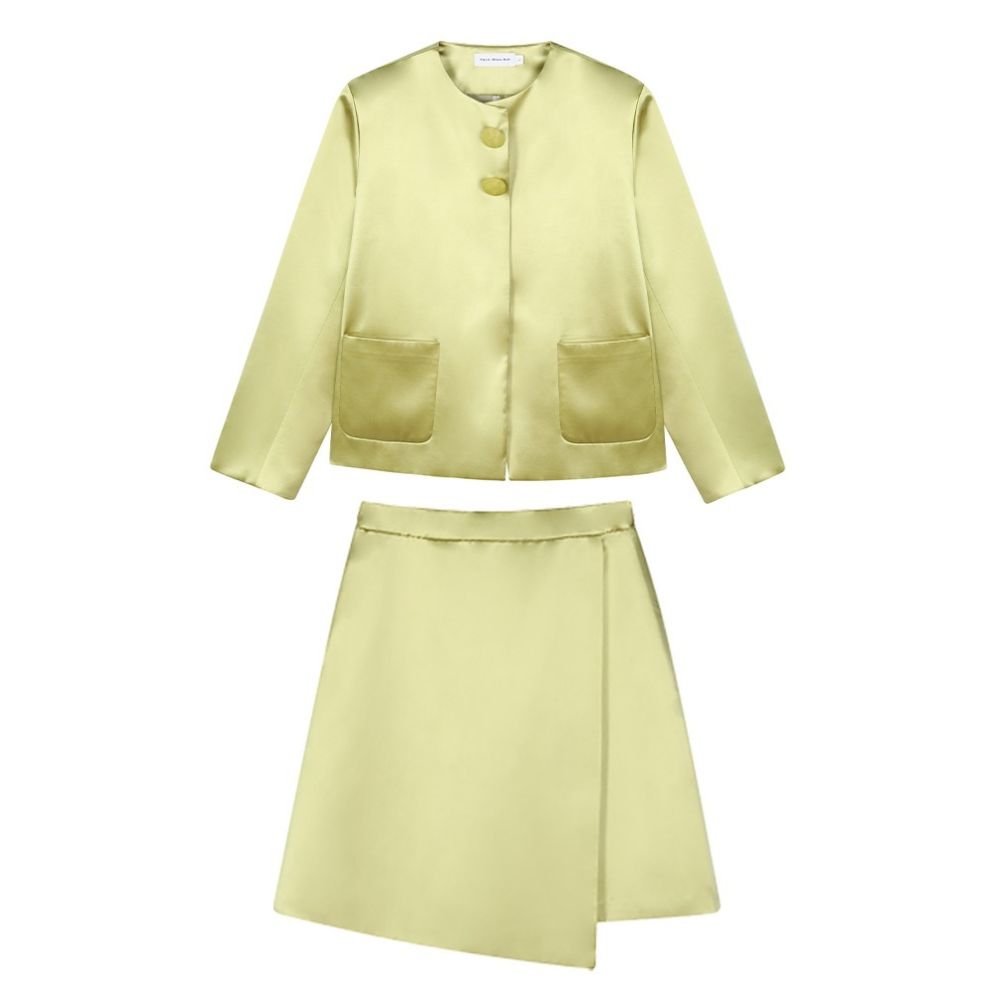 PaleBlueDot original design bright green glossy round neck suit jacket A line short skirt set autumn image 5