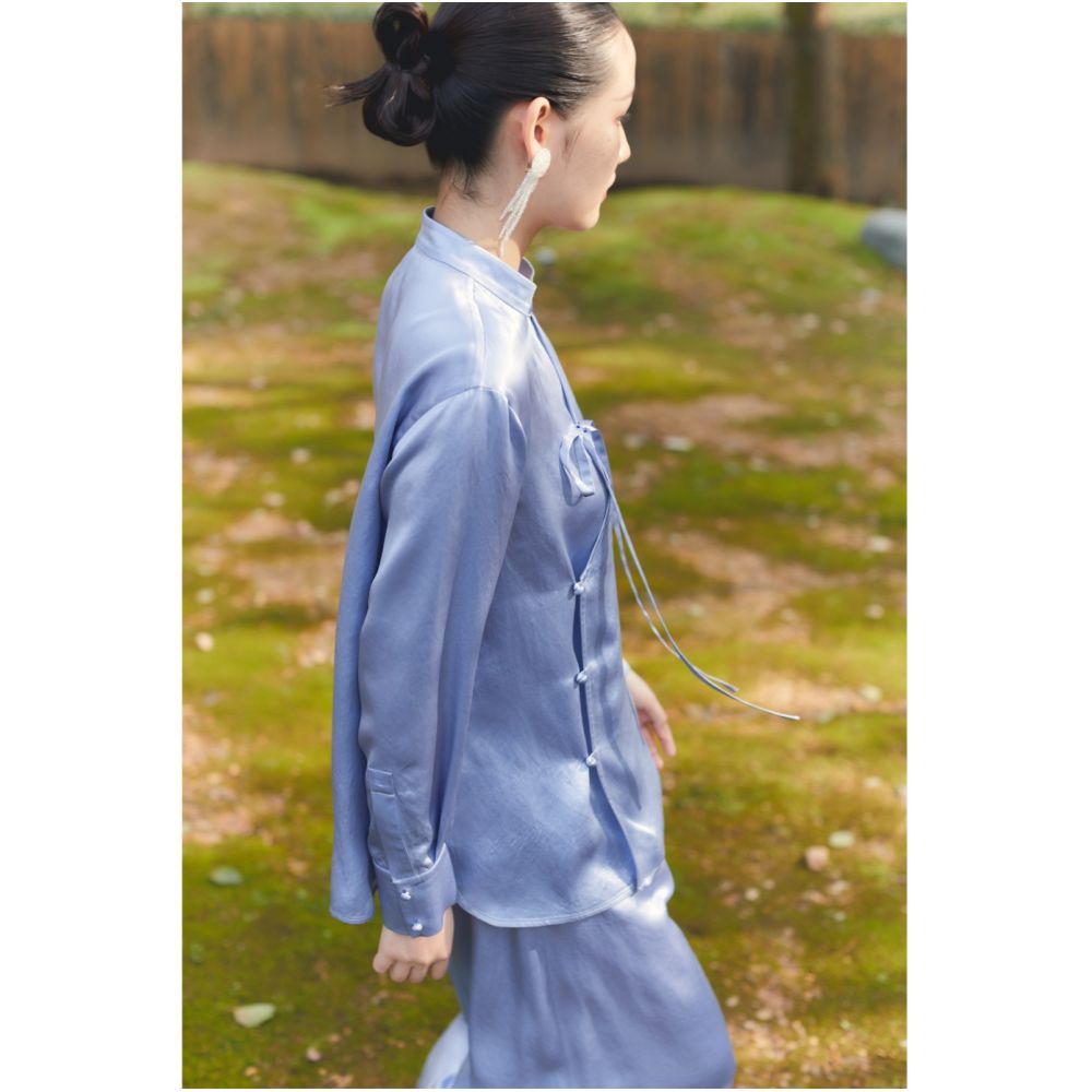 SALE6 Blue Dot Original Design New Chinese Blue Acetic Acid Asymmetric Half Body Skirt Spring image 3