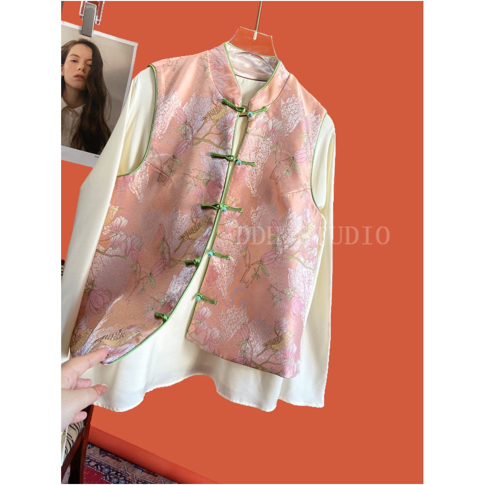 New Chinese style national style improved Chinese style vest women s spring style satin plate buckle woven brocade retro stand up collar top image 2