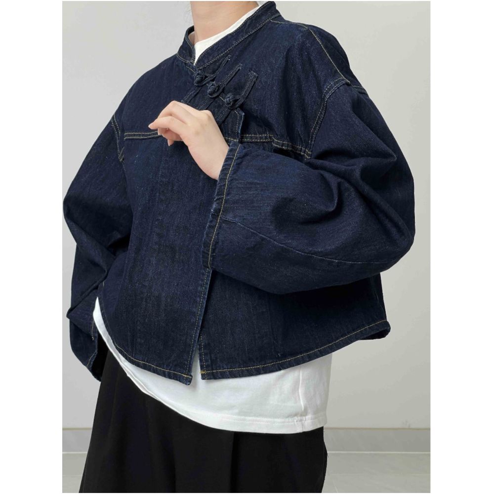 In stock you are the love I hide in my heart Diagonal placket new Chinese style buckle denim jacket image 2