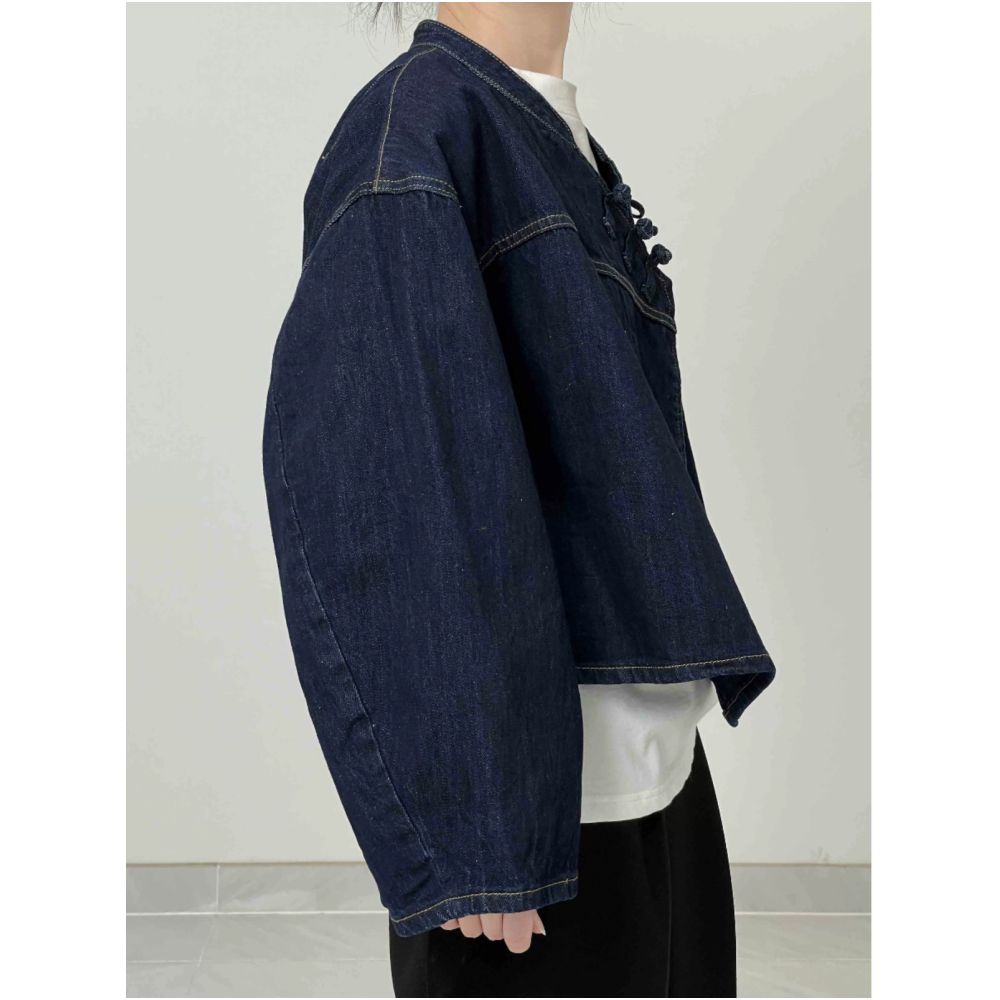 In stock you are the love I hide in my heart Diagonal placket new Chinese style buckle denim jacket image 3