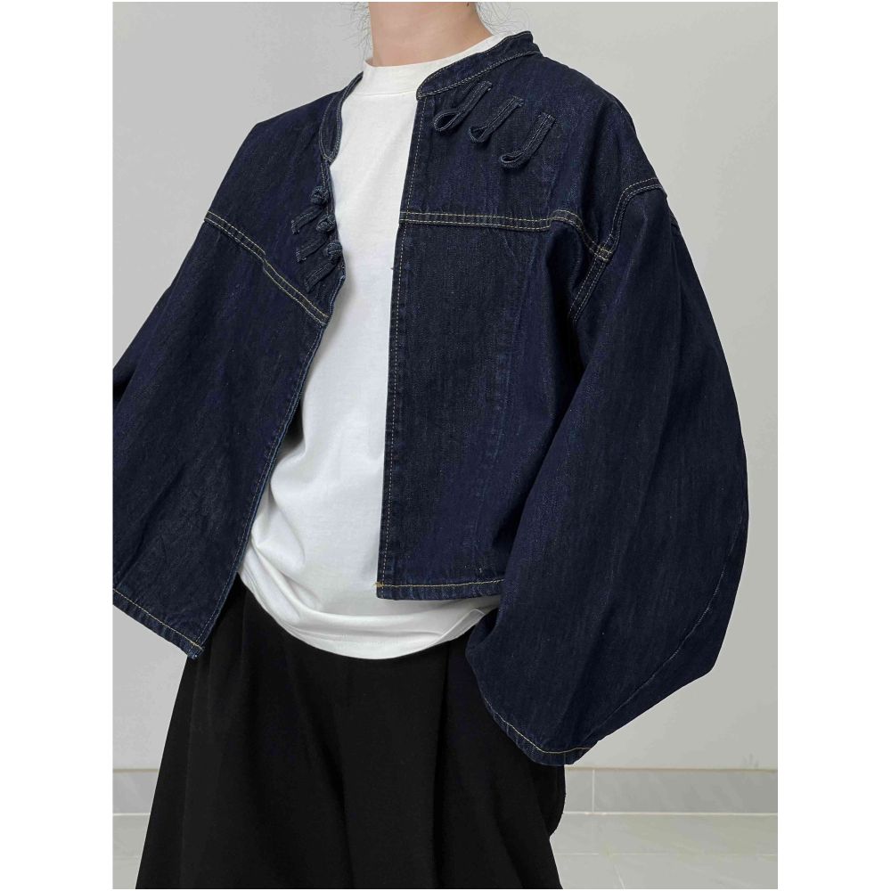 In stock you are the love I hide in my heart Diagonal placket new Chinese style buckle denim jacket image 0