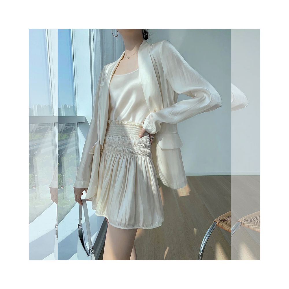 Asaya575 - Light luxury autumn new style flowing light and colorful water and light sensation goddess three piece set green fruit collar suit high waist wide leg pants skirt pants