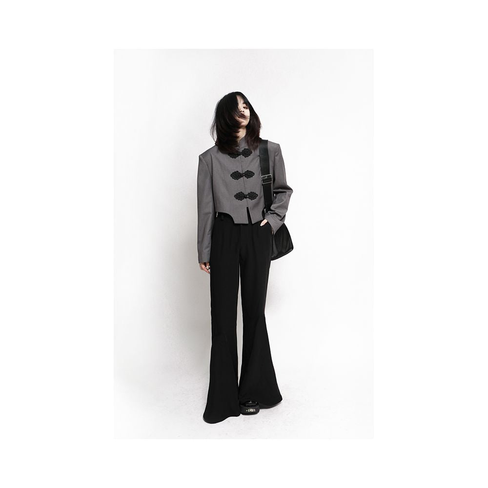 APOZi Crepe Dyeing Series New Chinese style Pan Button Small Suit Short Tall Grey Stand up Collar Jacket for Women Autumn Collection image 2