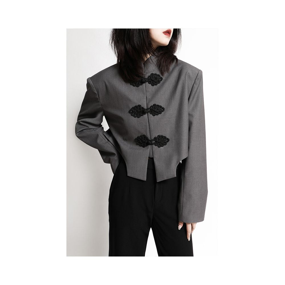 APOZi Crepe Dyeing Series New Chinese style Pan Button Small Suit Short Tall Grey Stand up Collar Jacket for Women Autumn Collection image 3