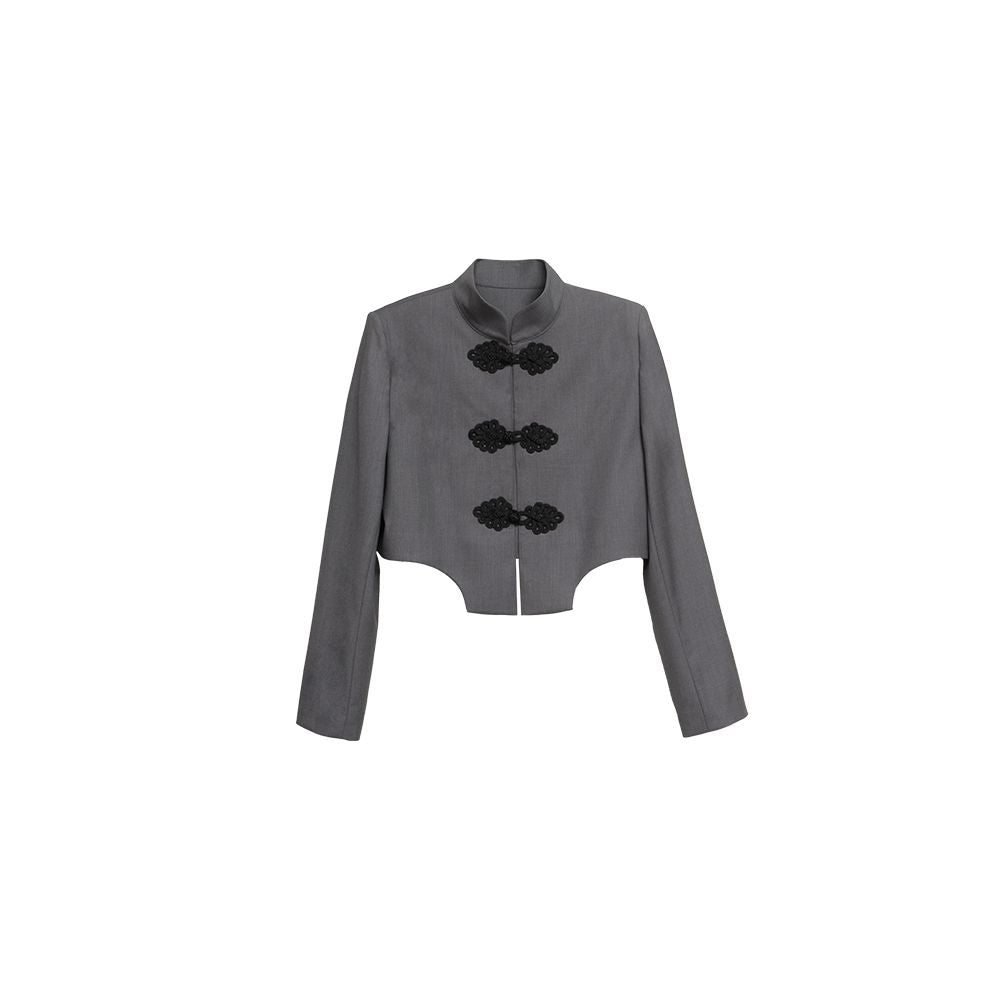 APOZi Crepe Dyeing Series New Chinese style Pan Button Small Suit Short Tall Grey Stand up Collar Jacket for Women Autumn Collection image 5
