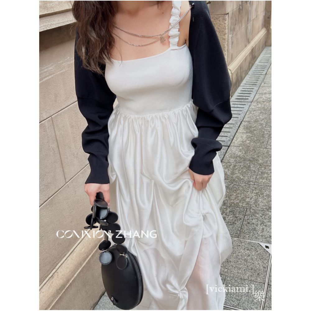Home Spring New Korean CZ Square Collar Strap Clean Color Hooded Long Skirt Sleeveless High Waist Princess Skirt 62069 image 1